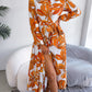 Contrast Color Flower Lapel Tied Shirt Dress Long Skirt