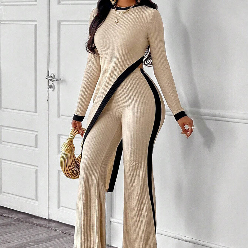 Women's 2 Piece Outfit Sexy Asymmetrical Hem Long Sleeve Top And Wide Leg Pants