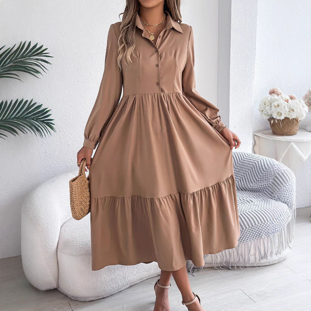 Women's Lapel Casual Loose Long Sleeve Ruffled Shirt Dresses