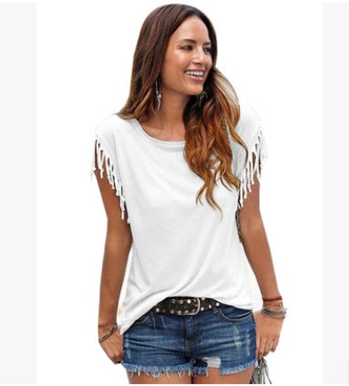 ladies Europe and America big size round neck short sleeve cuffs tassel T-shirt cotton tops