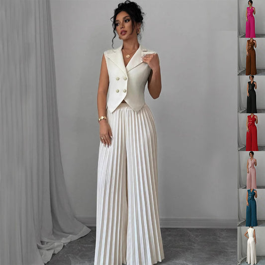Fashion Lapel Button Vest Top And Pleated Straight Pants