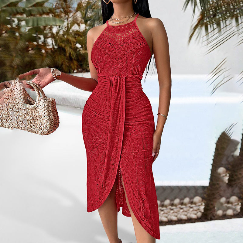 Women's Sexy Halter Neck Ruched Bodycon Midi Dresses