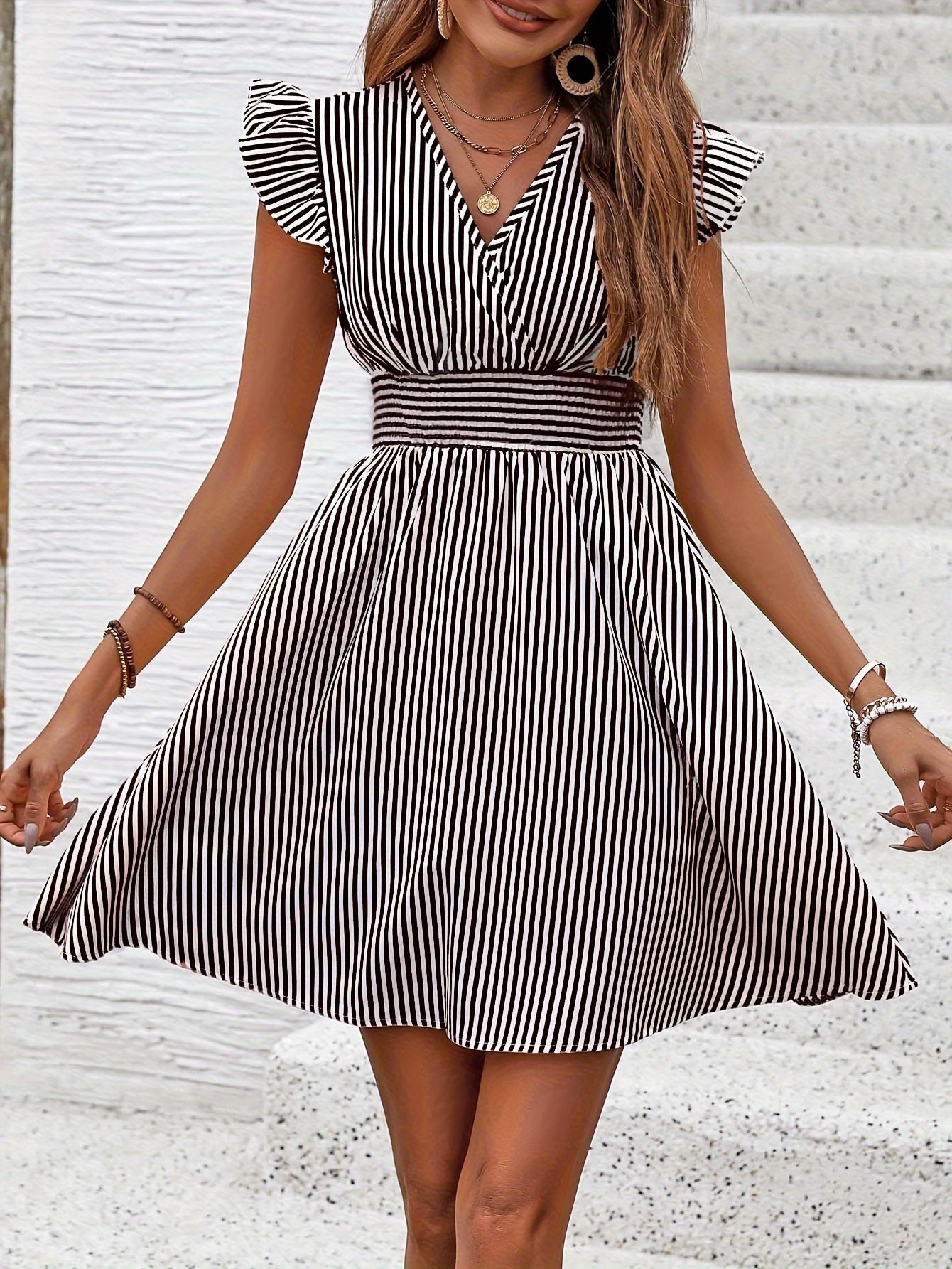 Women's Mini V Neck Flutter Sleeve Striped Smocked Waist A Line Short Summer Dress