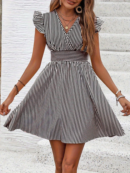 Women's Mini V Neck Flutter Sleeve Striped Smocked Waist A Line Short Summer Dress
