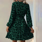 Women's Leopard Print Ruffle Hem Long Sleeve V Neck Belted A Line Dress