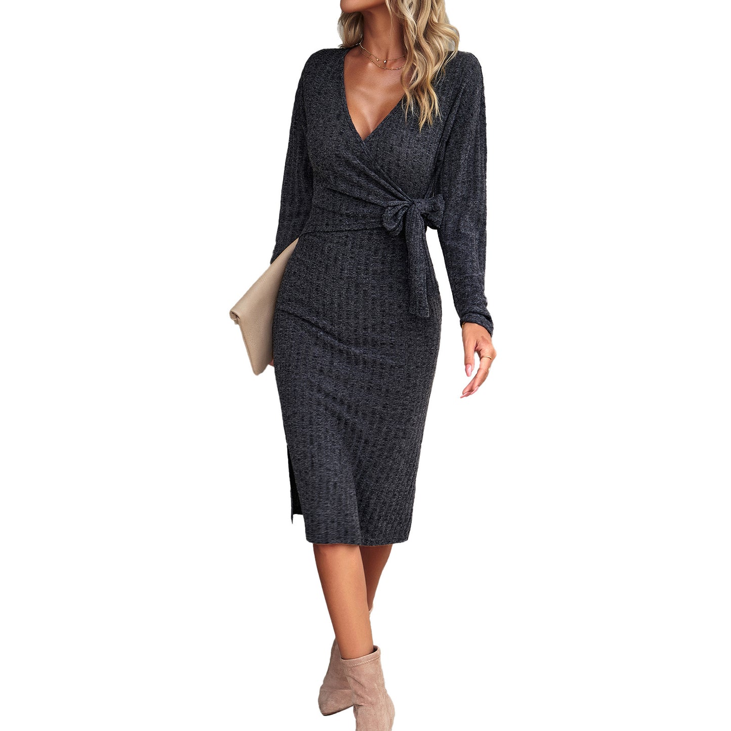 V-neck Long Sleeve Knitted Tied Dress