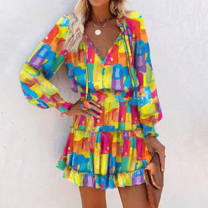 Fashion Patchwork Puff Sleeve Waist Dresses