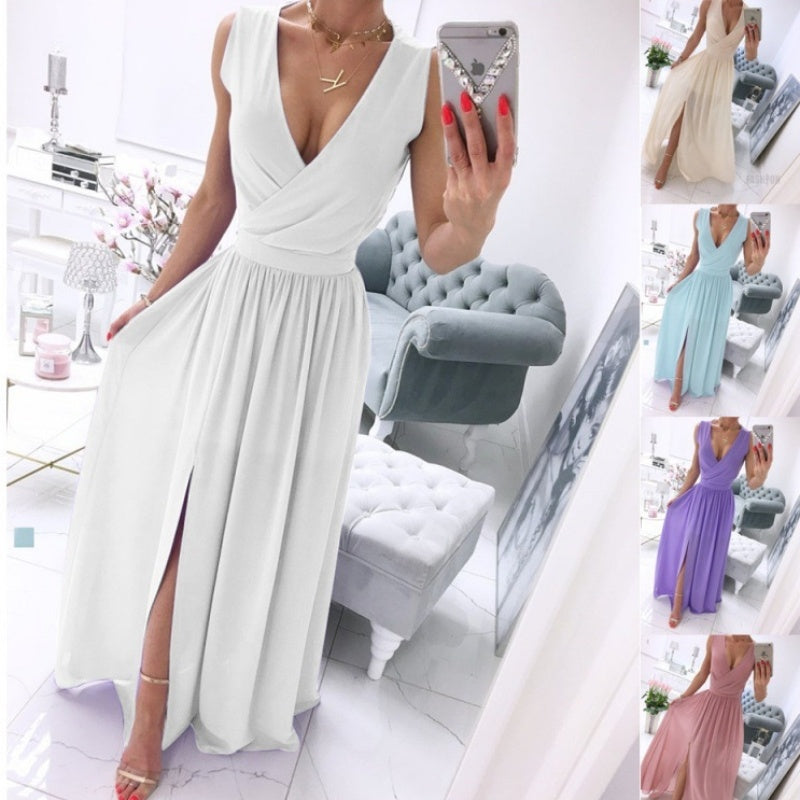 V-neck Front Split Long Dress