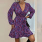 Women's Leopard Print Ruffle Hem Long Sleeve V Neck Belted A Line Dress