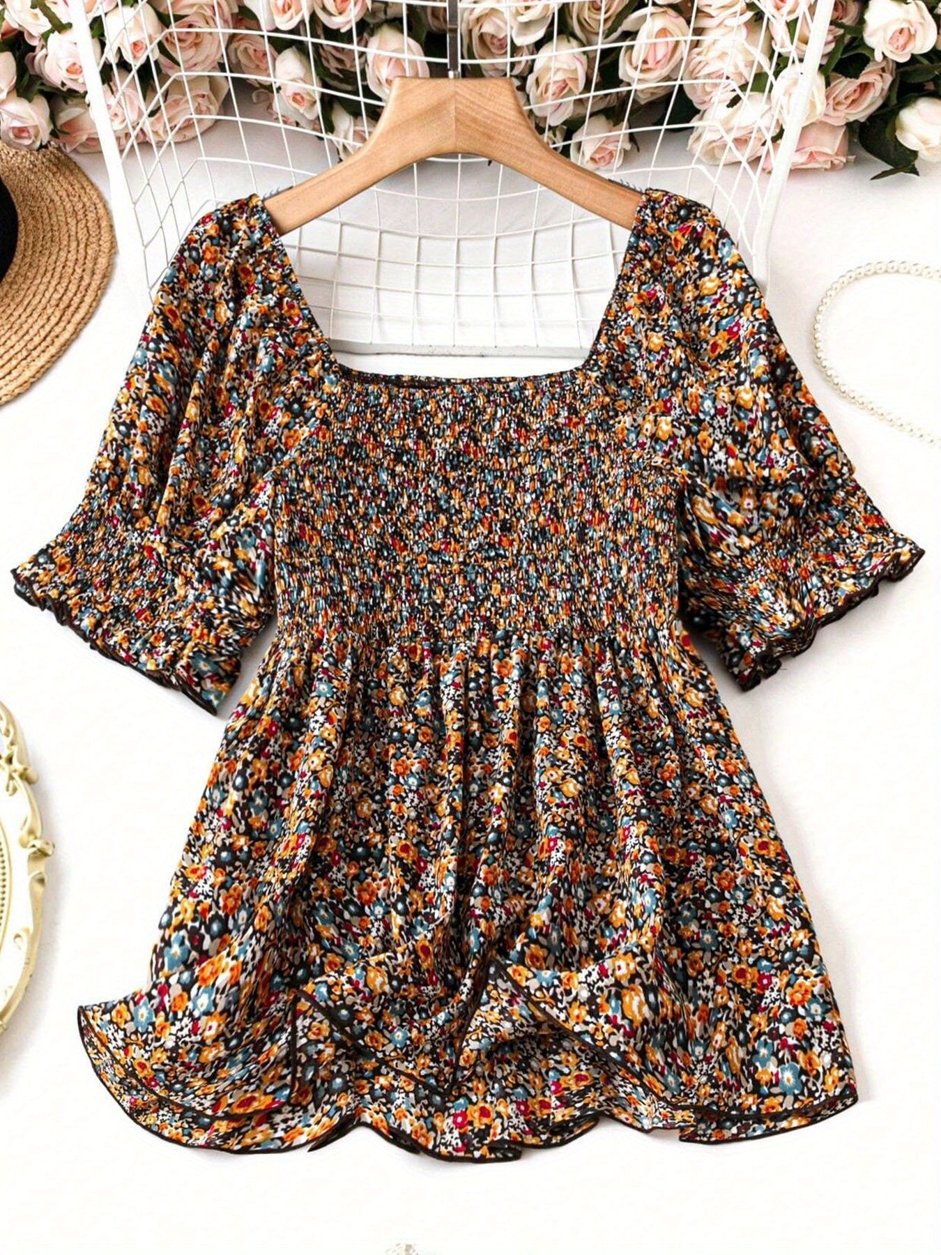 Women's Plus Size Elegant Shirred All-Over Print Blouse