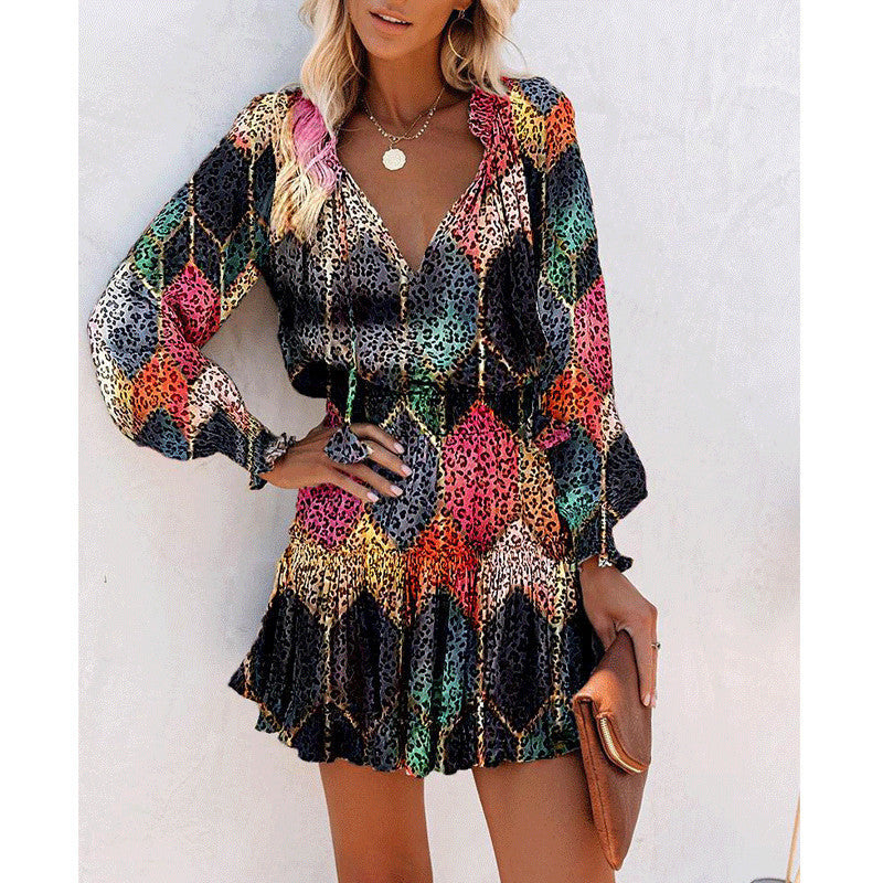 Fashion Patchwork Puff Sleeve Waist Dresses