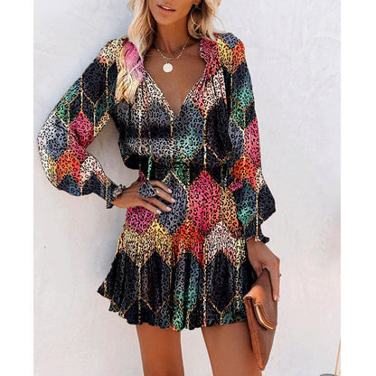 Fashion Patchwork Puff Sleeve Waist Dresses