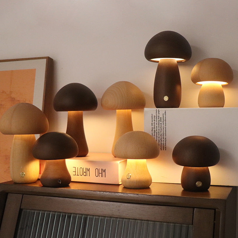 Wooden Cute Mushroom LED Night Light With Touch