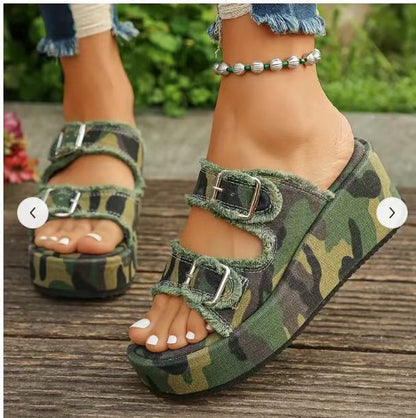 Fashion Denim Buckle Wedges Sandals For Women