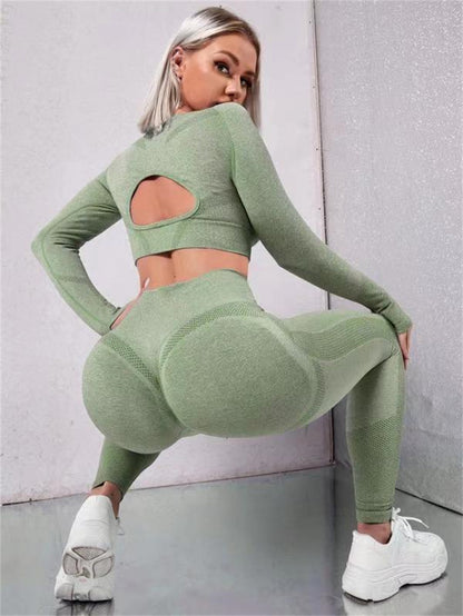 Sports Suits Long Sleeve Hollow Design Tops And Butt Lifting High Waist Seamless Fitness Leggings