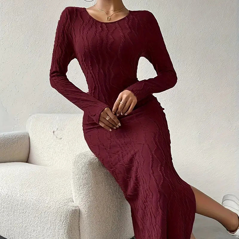 Women's Crew Neck Long Sleeve Ribbed Dress
