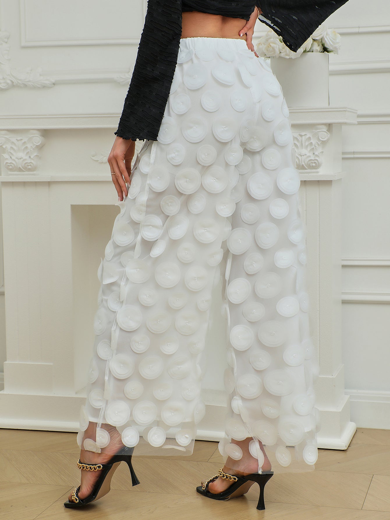 Fashionable Temperament Round Piece Design Tassel Hollowing High Waist Straight Ladies Pants