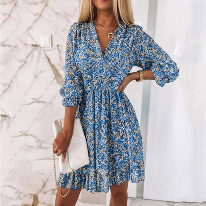 Floral Deep V Neck Smocked Elastic Waist Casual A-Line Swing Mini Dress