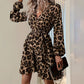 Women's Leopard Print Ruffle Hem Long Sleeve V Neck Belted A Line Dress
