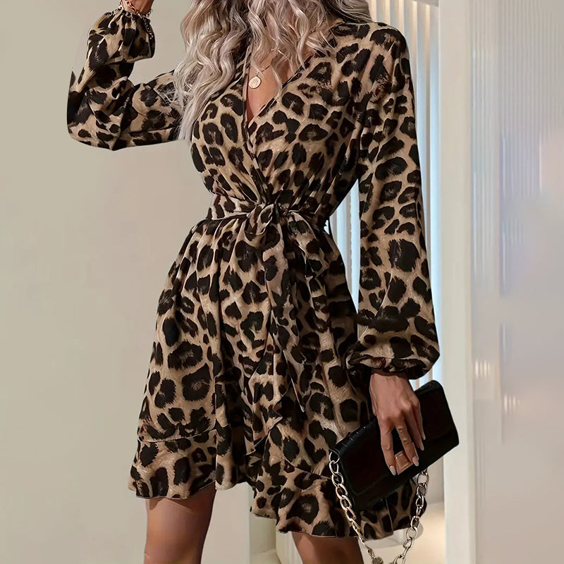 Women's Leopard Print Ruffle Hem Long Sleeve V Neck Belted A Line Dress