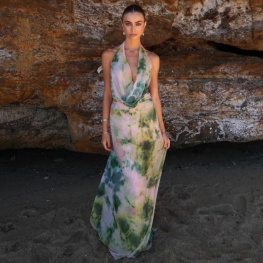 2pcs Tie Dye Printing Deep V-neck Suits For Beach Party