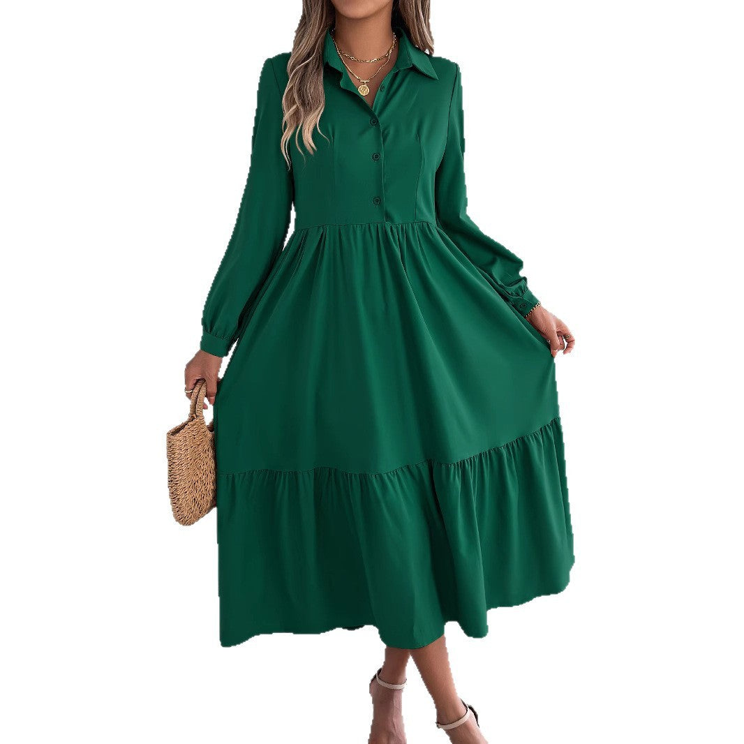 Women's Lapel Casual Loose Long Sleeve Ruffled Shirt Dresses