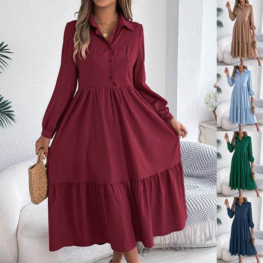 Women's Lapel Casual Loose Long Sleeve Ruffled Shirt Dresses