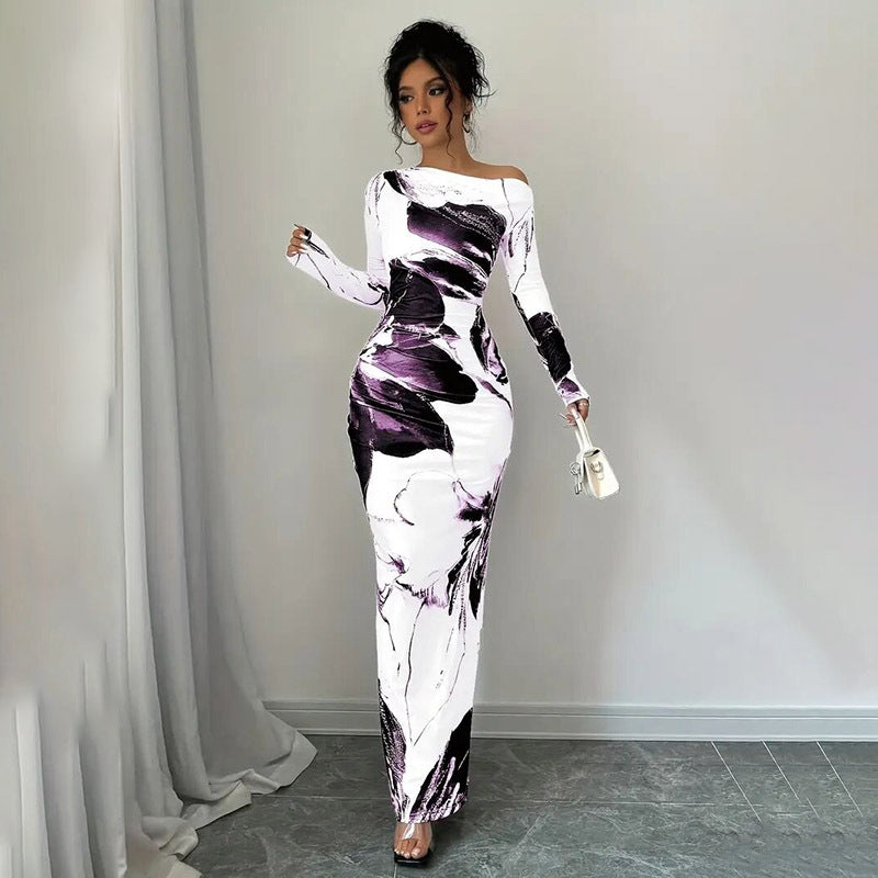 Women's Elegant Off-Shoulder Tie-Dye Floral Bodycon Dress