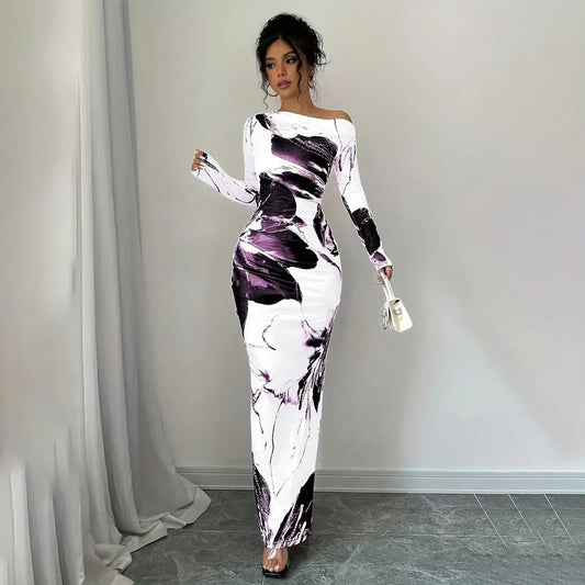 Women's Elegant Off-Shoulder Tie-Dye Floral Bodycon Dress