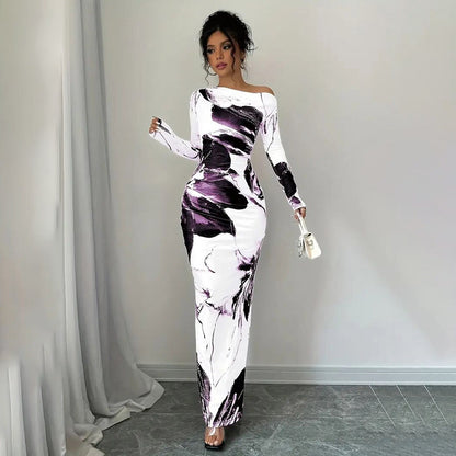 Women's Elegant Off-Shoulder Tie-Dye Floral Bodycon Dress
