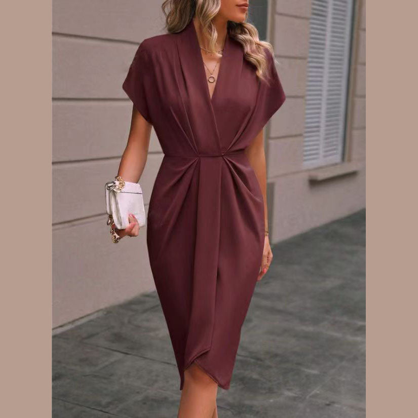 Fashion V-neck Short Sleeve Pleated Dresses