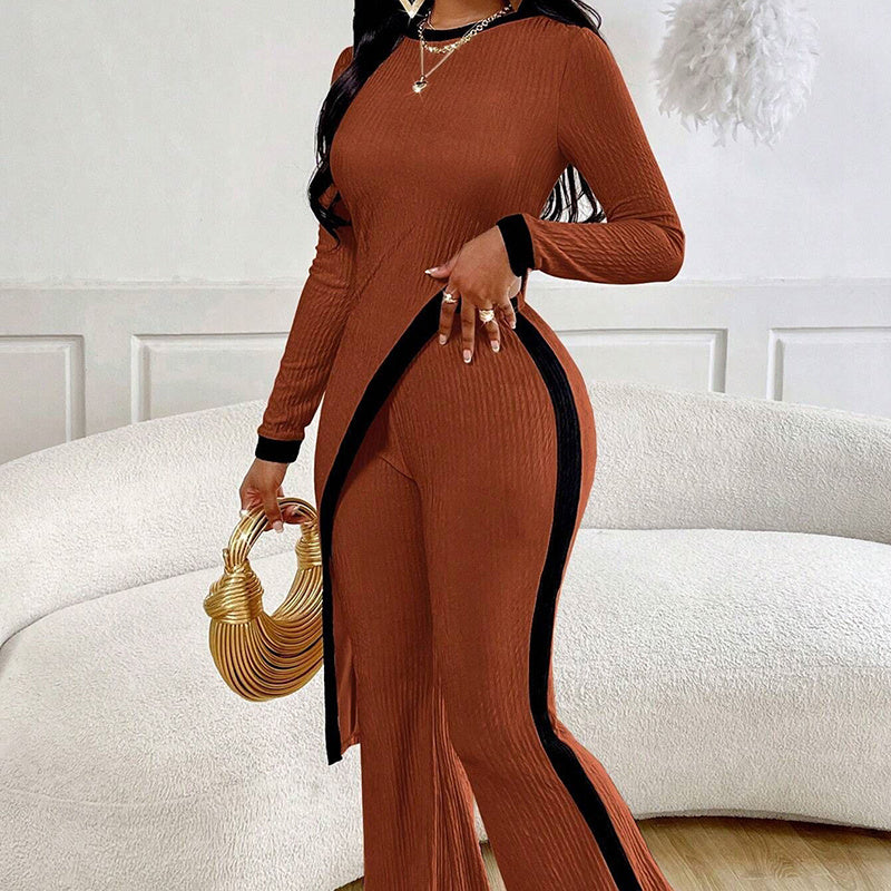 Women's 2 Piece Outfit Sexy Asymmetrical Hem Long Sleeve Top And Wide Leg Pants