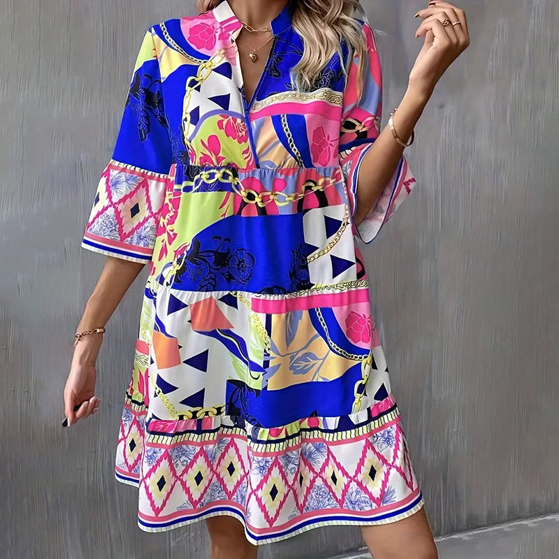 Women's Mini Casual V-Neck Printed Flared Sleeve Pleated Short Beach Dresses