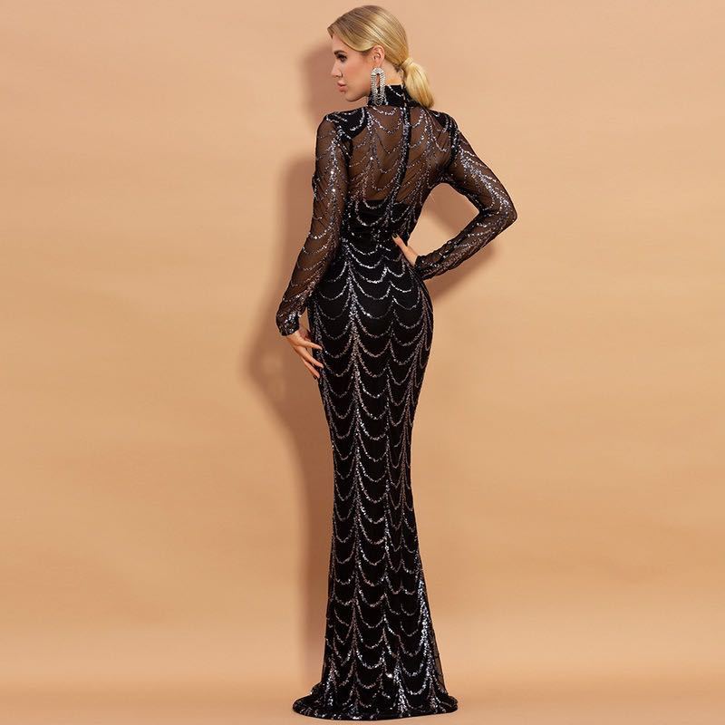 Sequins Women Maxi Dresses Long Sleeve