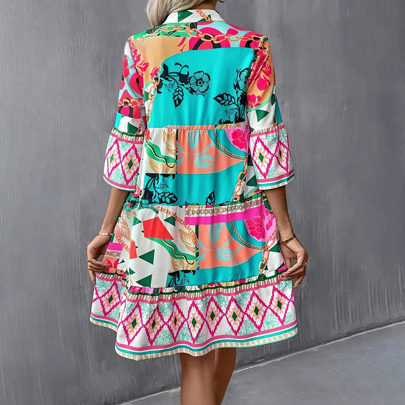 Women's Mini Casual V-Neck Printed Flared Sleeve Pleated Short Beach Dresses
