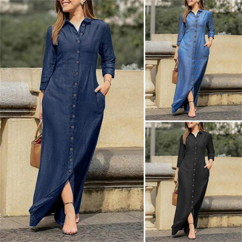 Women's Casual Button Down Denim Maxi Dress
