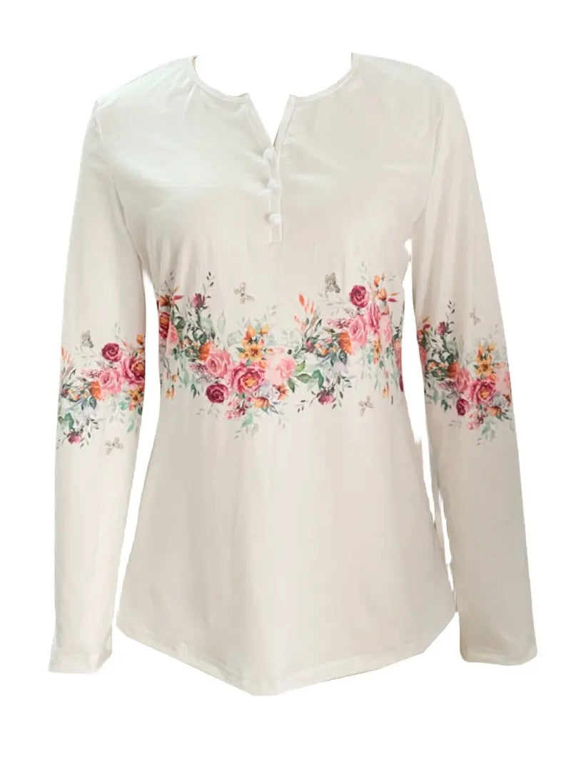 White Buttoned Rose Print Long Sleeve T-shirt