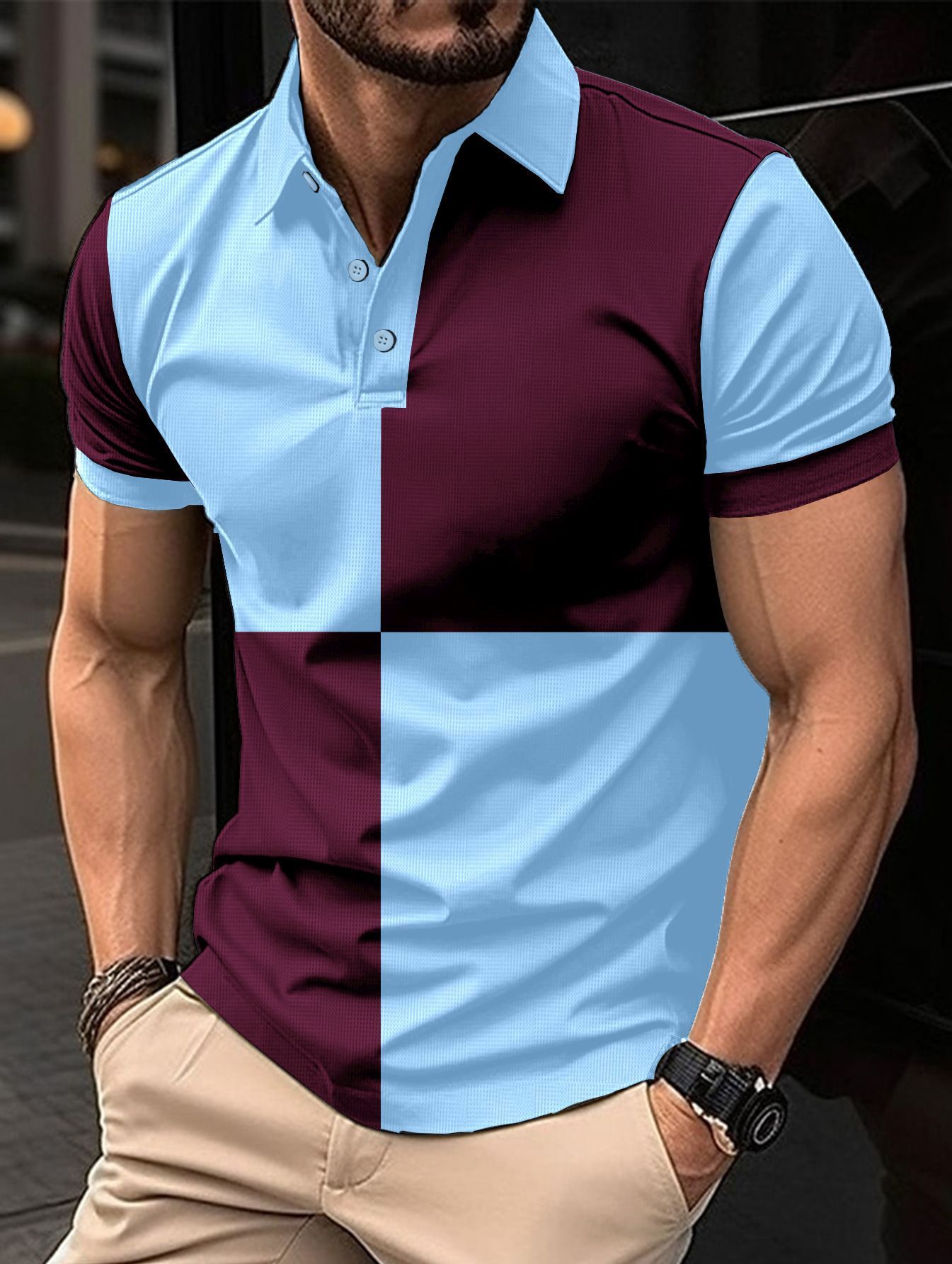 Casual Sports Short Sleeve Color Stitching Turnover Neck Polo