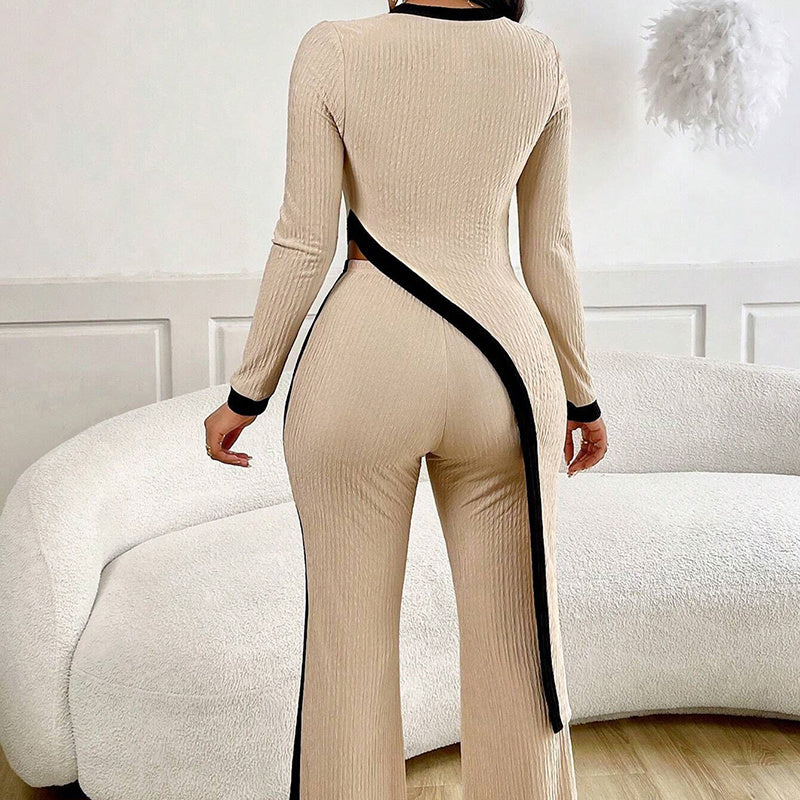 Women's 2 Piece Outfit Sexy Asymmetrical Hem Long Sleeve Top And Wide Leg Pants