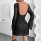 Elegant Black Mesh Sequins Backless Slim Fit Long Sleeve Dress