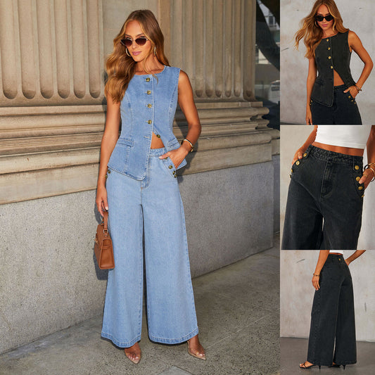 Fashion Sleeveless Button Top And Wide Leg Straight Pants With Pockets