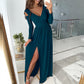 Long-sleeved V-neck Solid Color Hem Dress With Slits