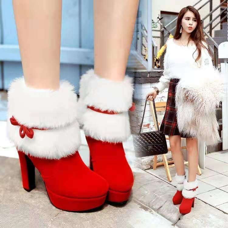 Plush Winter Boots Christmas High Heel Party Shoes