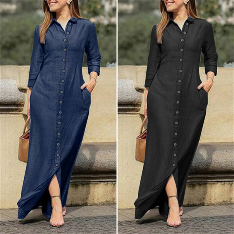 Women's Casual Button Down Denim Maxi Dress