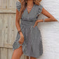 Women's Mini V Neck Flutter Sleeve Striped Smocked Waist A Line Short Summer Dress