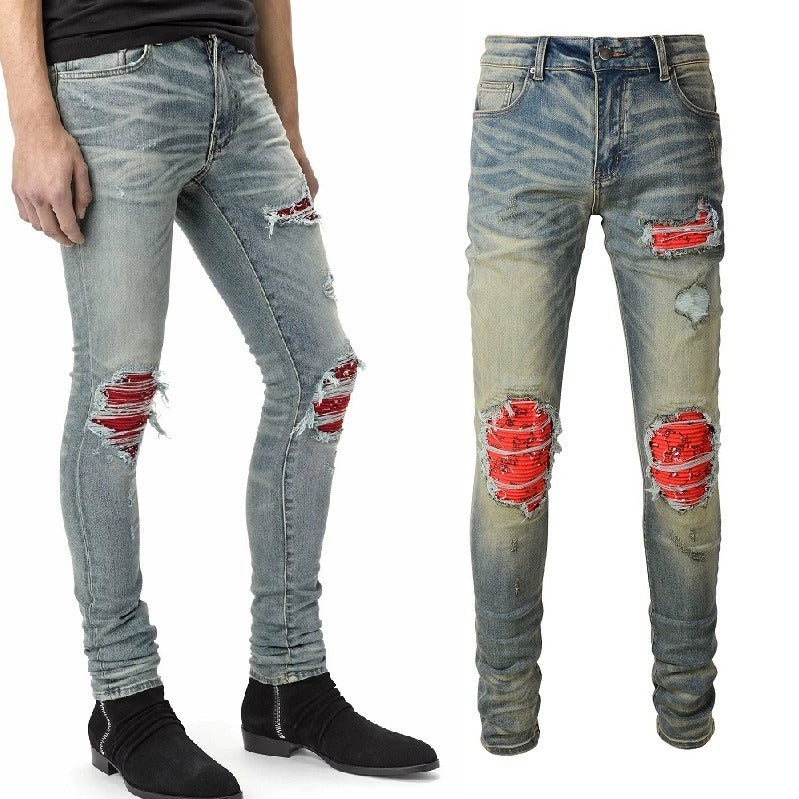 Printed Pleated Elastic Light Colored Jeans For Men