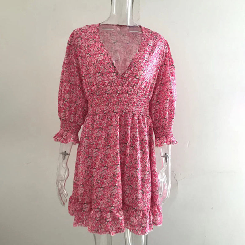 Floral Deep V Neck Smocked Elastic Waist Casual A-Line Swing Mini Dress