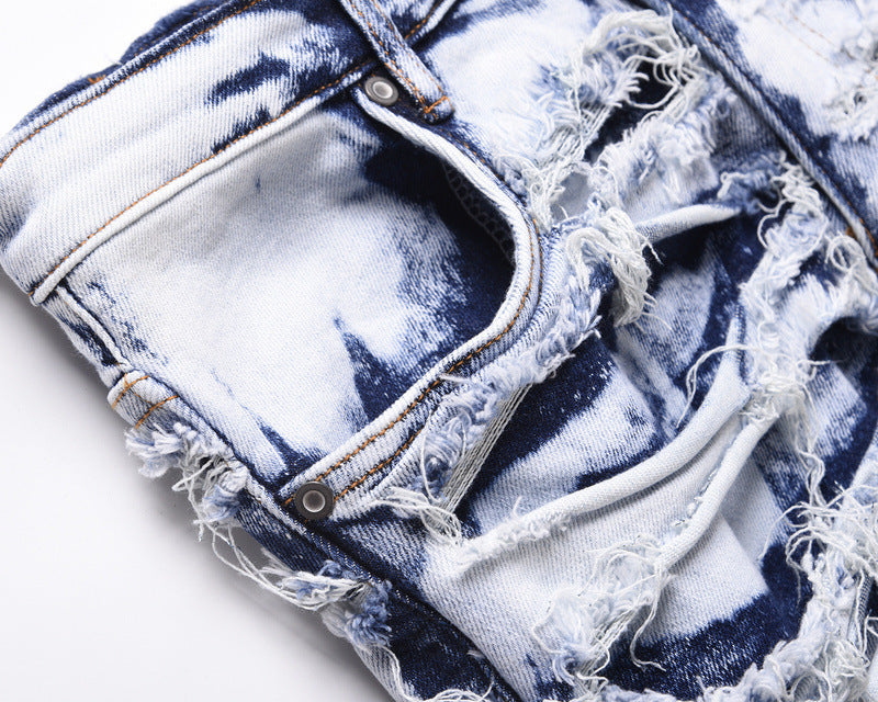 Washed Blue Ripped Zipper Distressed Beggar Pants