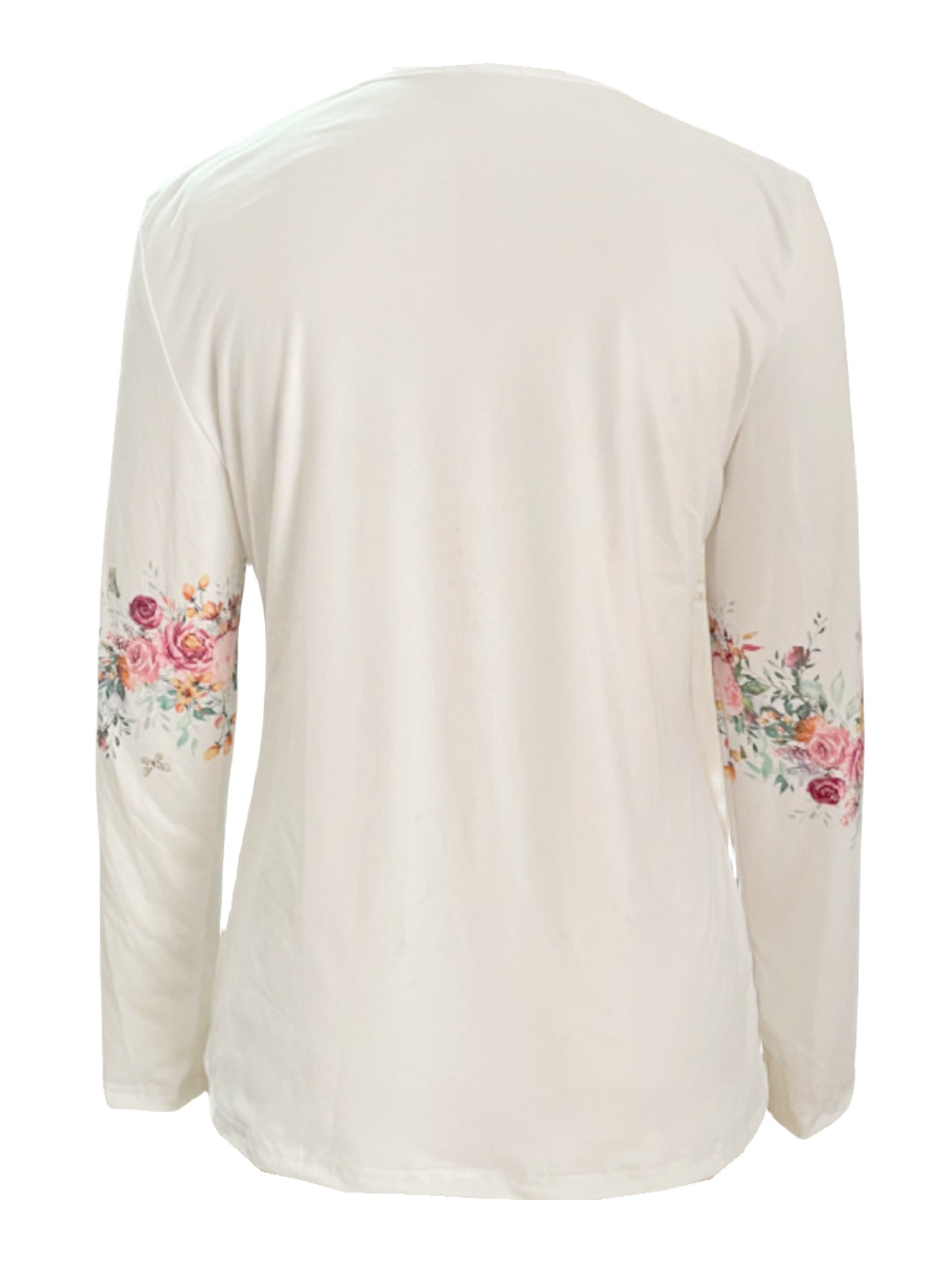 White Buttoned Rose Print Long Sleeve T-shirt
