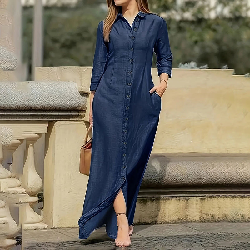 Women's Casual Button Down Denim Maxi Dress